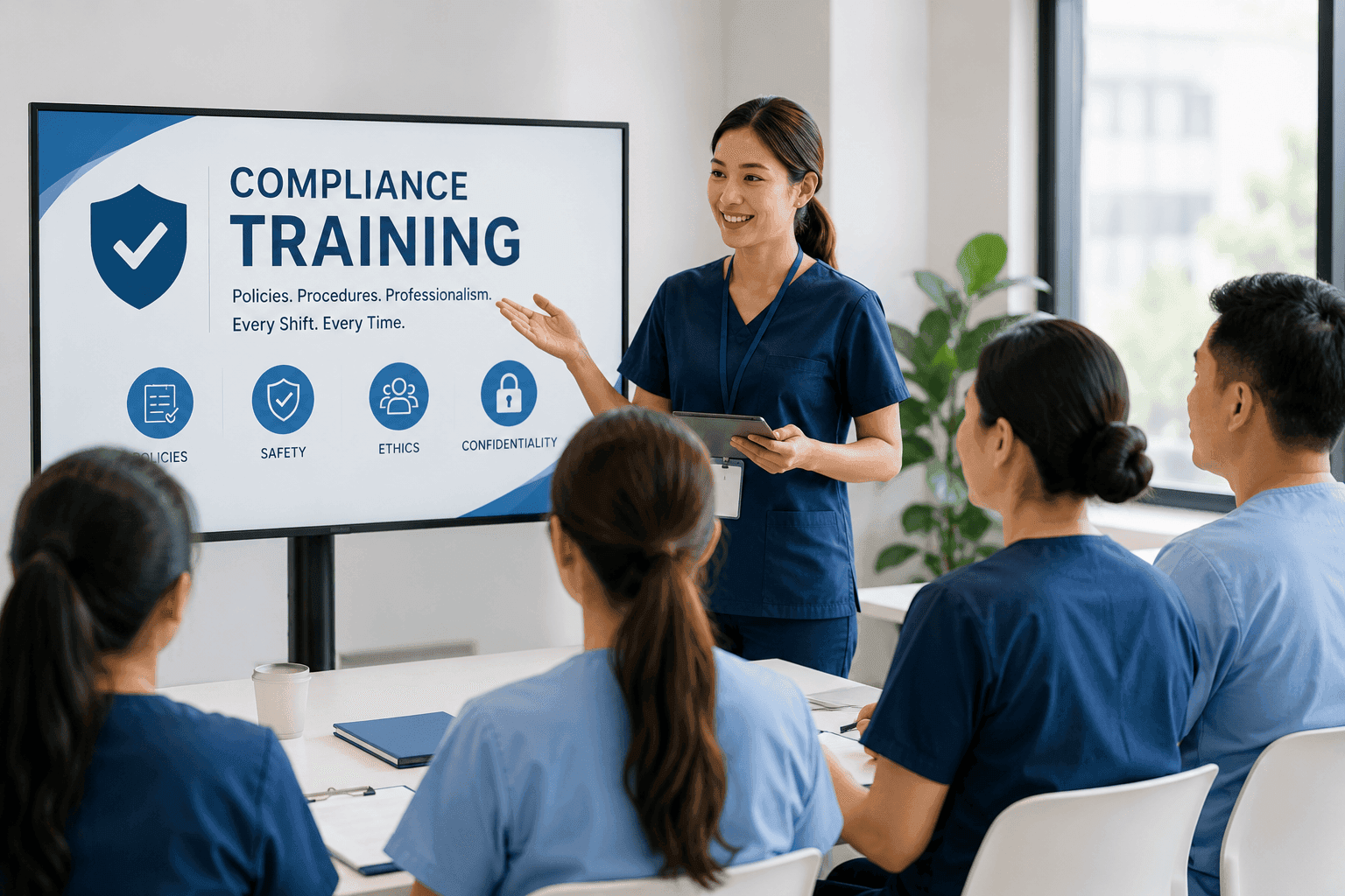 A trainer walking a room of care staff through a compliance training session