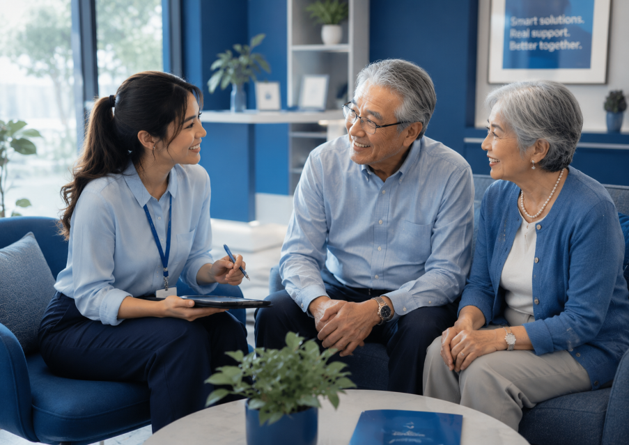 A care advisor talking with an older couple in a sunlit lounge